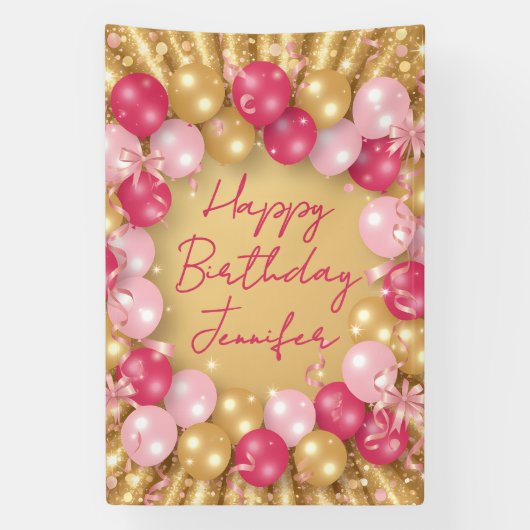 Glamorous Pink Gold Balloons Glitter Birthday Spandoek (Verticaal)