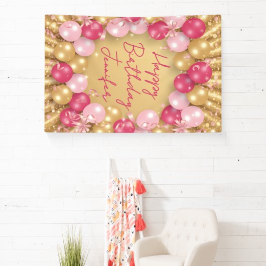Glamorous Pink Gold Balloons Glitter Birthday Spandoek (Insitu)