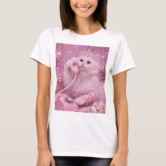 Glamorous Princess Cat Using Pink Telephone T-shirt (Voorkant)