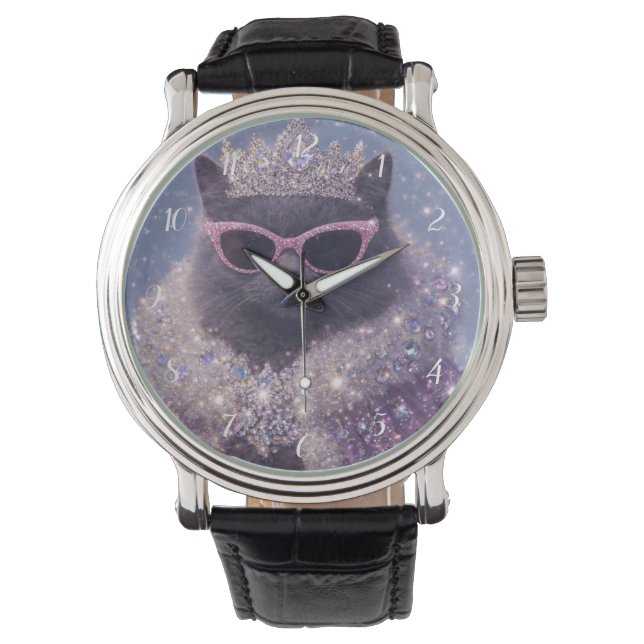 Glamorous Queen Cat Sparkling Fantasy Portrait     Horloge (Voorkant)