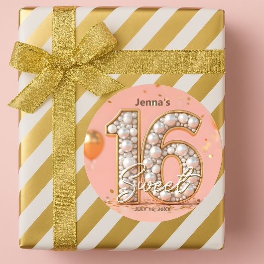Glamorous Regal Pearl Blush Pink Gold Sweet 16 Ronde Sticker