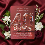 Glamorous Rose Gold Gemstone 40th Birthday Kaart<br><div class="desc">Set the stage for a spectacular milestone celebration with this glamorous rose gold gemstone 40th birthday party invitation. Featuring a stunning, 3D faceted diamond-style "40" against a rich burgundy red background, this luxurious design perfectly captures the elegance of a sophisticated adult birthday event. The sparkling metallic jewel tones and beautiful...</div>
