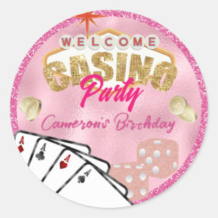 Glamorous Roze Las Vegas Sign Casino Party Ronde Sticker