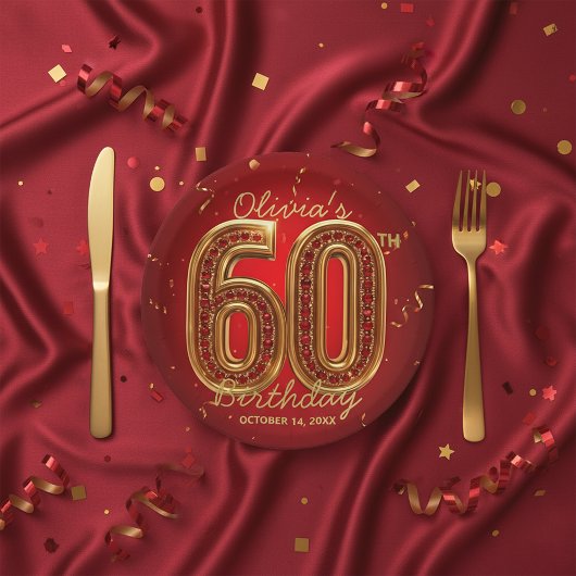 Glamorous Ruby Gemstone Gold 60th Birthday Party Papieren Bordje