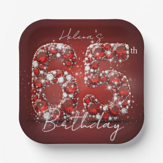 Glamorous Ruby Red Diamonds 65th Birthday Party Papieren Bordje (Voorkant)