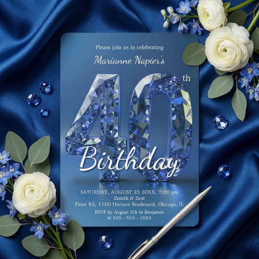 Glamorous Sapphire Blue Diamond 40th Birthday Kaart