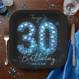 Glamorous Sapphire Blue Jewel Mosaic 30th Birthday Papieren Bordje