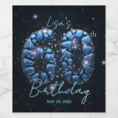 Glamorous Sapphire Blue Mosaic Gems 60th Birthday Wijn Etiket (Enkel label)