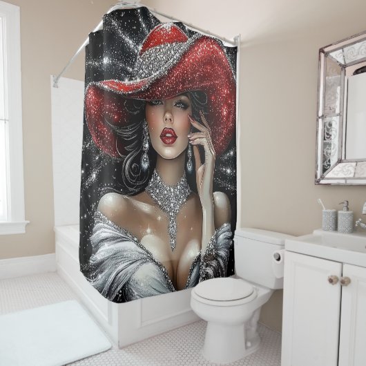 Glamorous Sparkle Lady in Red Hat Douchegordijn (In situ)