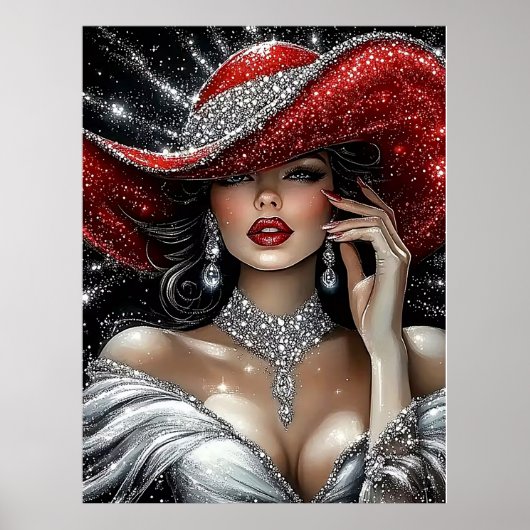 Glamorous Sparkle Lady in Red Hat Poster (Voorkant)