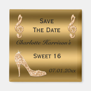 Glamorous Sweet 16 Save The Date Gold Stiletto Magneet