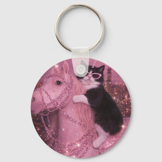 Glamorous Unicorn Cat Under Sparkling City         Sleutelhanger (Voorkant)