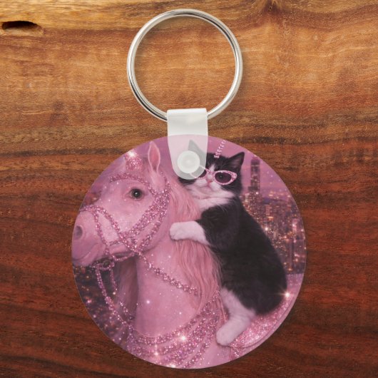 Glamorous Unicorn Cat Under Sparkling City         Sleutelhanger (Achterkant)