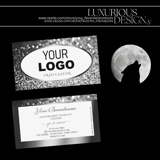 Glamorous White Silver Sparkle Glitter with Logo Visitekaartje