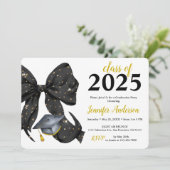Glamour Black/Gold Bow Graduation Party Uitnodigin Kaart (Staand voorkant)