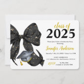 Glamour Black/Gold Bow Graduation Party Uitnodigin Kaart (Voorkant)