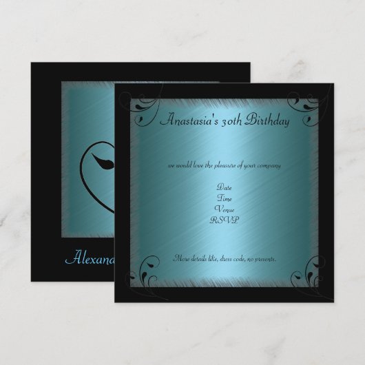 Glamour Blauw Zwart Bloemen Verjaardagsfeest Kaart (Voorkant / Achterkant)