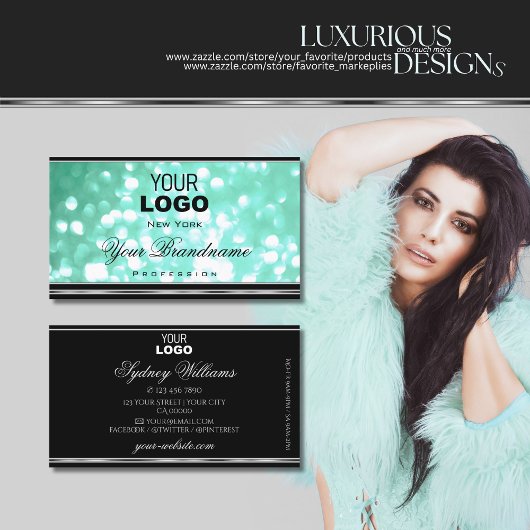 Glamour Blauwgroen Glitter Logo Black Chic Silver Visitekaartje