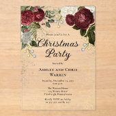 Glamour Burgundy Roos Bloem Kerstfeest Acryl Uitnodigingen (Voorkant)
