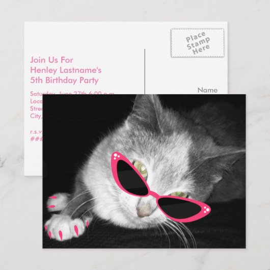 Glamour Cat Birthday Party Briefkaart Uitnodigen (Voorkant / Achterkant)