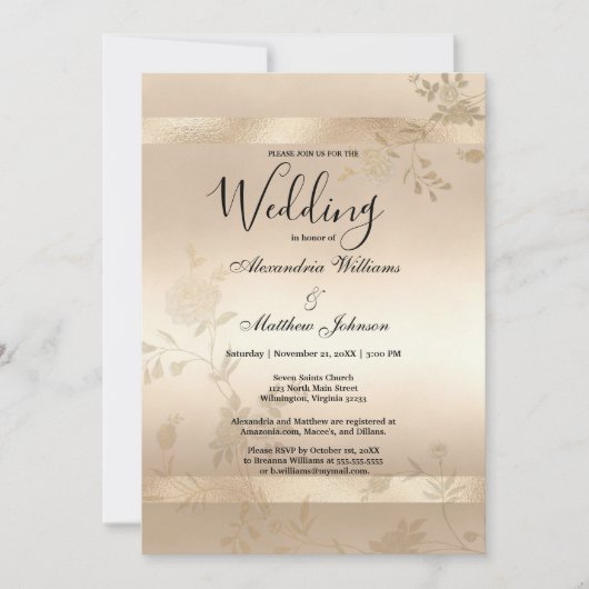 Glamour Champagne Goud Luxe Bloemenbruiloft Kaart (Voorkant)