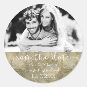 Glamour Chic Gouden Nep Folie Save The Date Foto Ronde Sticker