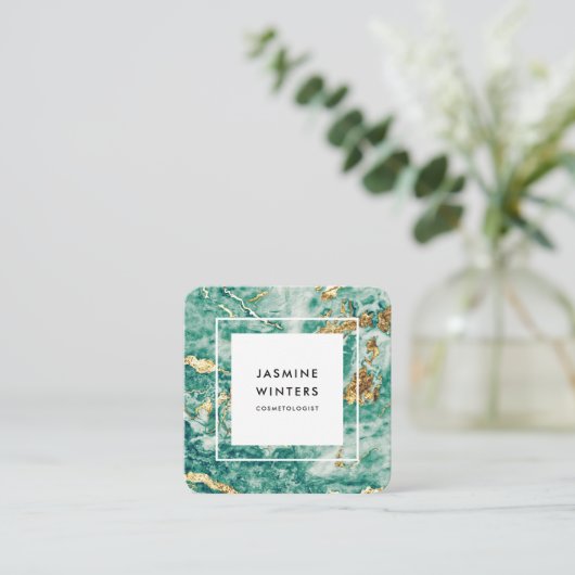 Glamour chique gouden folie turquoise marmeren wat vierkante visitekaartje (Staand voorkant)