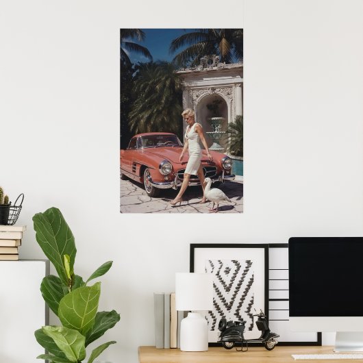 Glamour: Chique vrouw en klassieke auto Poster (Thuiskantoor)