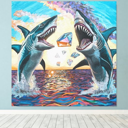 Glamour Chomp-Shark Breaking voor glanzende Parelt Canvas Afdruk (Insitu (Houten vloer))
