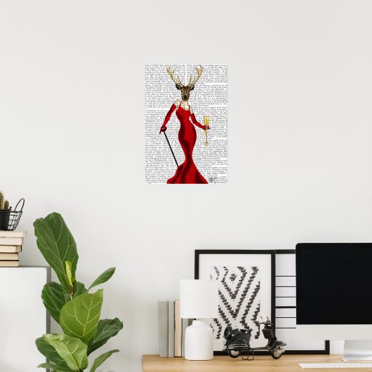 Glamour Deer in het rood Poster (Thuiskantoor)