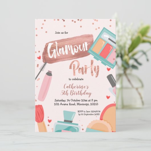 Glamour feest roze gouden verjaardagsuitnodiging kaart (Staand voorkant)