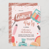 Glamour feest roze gouden verjaardagsuitnodiging kaart (Voorkant / Achterkant)