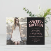 Glamour foto roze gouden zwarte ballonnen Sweet 16 Kaart (Staand voorkant)