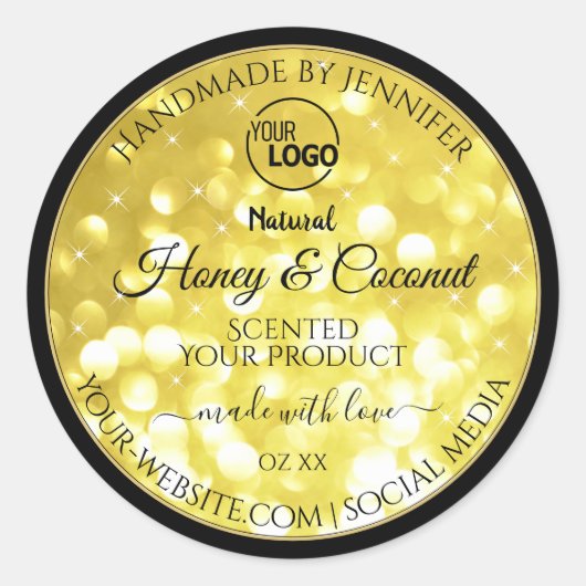 Glamour Geel Goud Glitter Logo Productlabels Ronde Sticker (Voorkant)