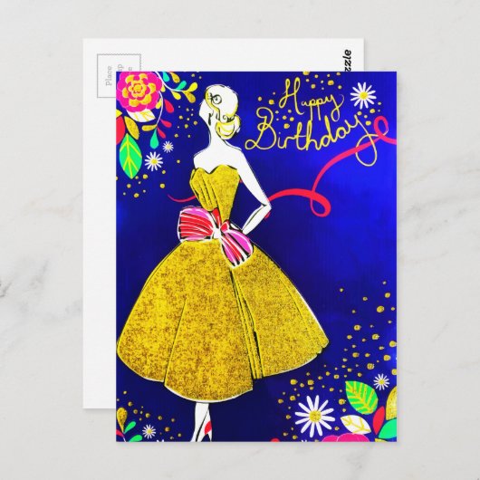 Glamour Girl Bloem Goud Verjaardagsfeest Glitter Briefkaart (Voorkant / Achterkant)