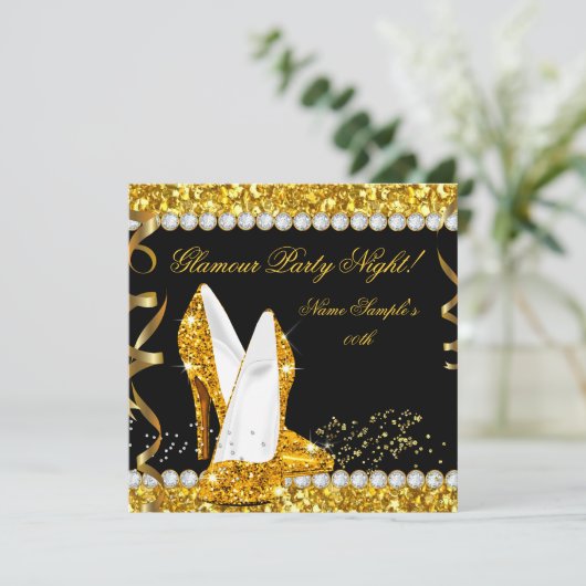 Glamour Glam Glitz Party Night Gold High Heels Kaart (Staand voorkant)
