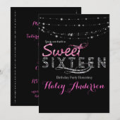 Glamour Glitter Lights SWEET 16 Party Roze Zwart Kaart (Voorkant / Achterkant)