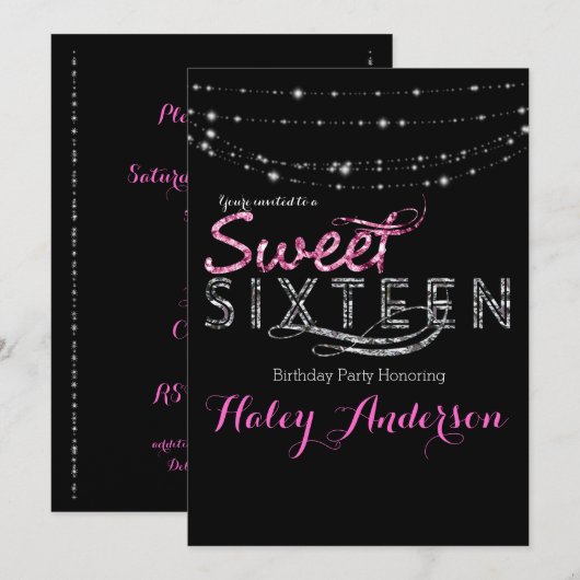 Glamour Glitter Lights SWEET 16 Party Roze Zwart Kaart (Voorkant / Achterkant)