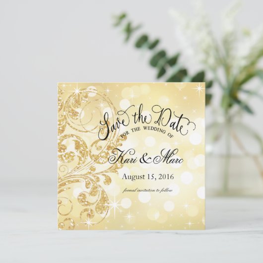 Glamour Glitter Luxe Save the Date | champagne (Staand voorkant)