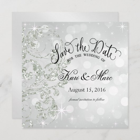 Glamour Glitter Luxe Save the Date | zilverijs (Voorkant / Achterkant)