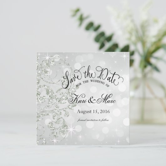 Glamour Glitter Luxe Save the Date | zilverijs (Staand voorkant)