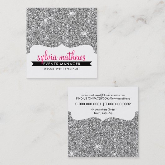 GLAMOUR GLITTER modern stijlvol zilver sparkle roz Vierkante Visitekaartje (Voorkant / Achterkant)