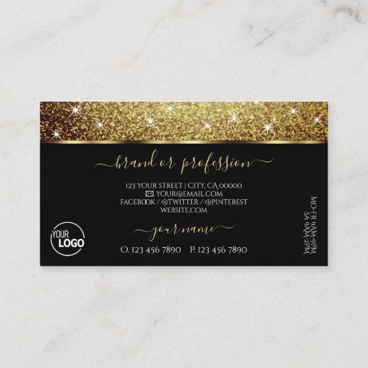 Glamour Gold Glitter Sparkle Stars en Logo Black Visitekaartje (Achterkant)