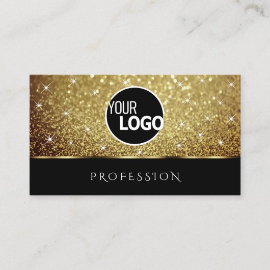Glamour Gold Glitter Sparkle Stars en Logo Black Visitekaartje (Voorkant)