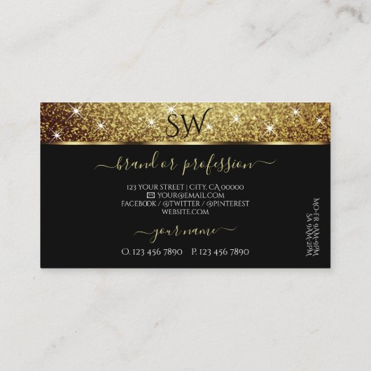 Glamour Gold Glitter Sparkle Stars Monogram Zwart Visitekaartje (Achterkant)