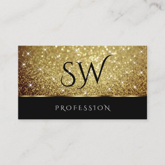 Glamour Gold Glitter Sparkle Stars Monogram Zwart Visitekaartje (Voorkant)