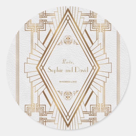 Glamour Goud en Witte Great Gatsby Bruiloft Ronde Sticker (Voorkant)