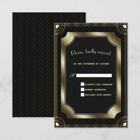 Glamour Goud Zwart Great Gatsby Art Deco Trouw RSVP Kaartje (Voorkant / Achterkant)