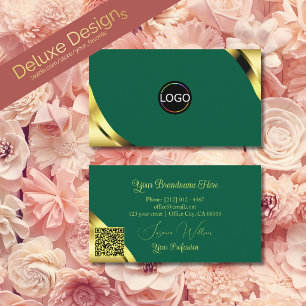 Glamour Gouden Hoeken op Teal met Logo en QR Code Visitekaartje