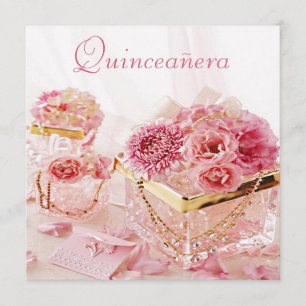 Glamour Jewels, Roze bloemen en Boxes Quinceanera Kaart